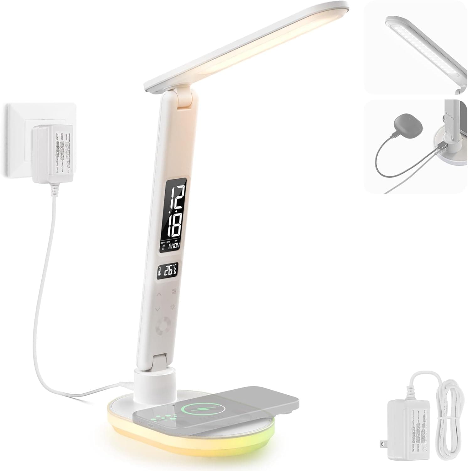 NEEWER Entry Level Version Desktop LED Lamp with USB A Output for Desk, Wireless Charging, 3 Modes/5 Brightness Levels/4 RGB Effects/CRI85, LCD for Temp/Date/Time/Alarm