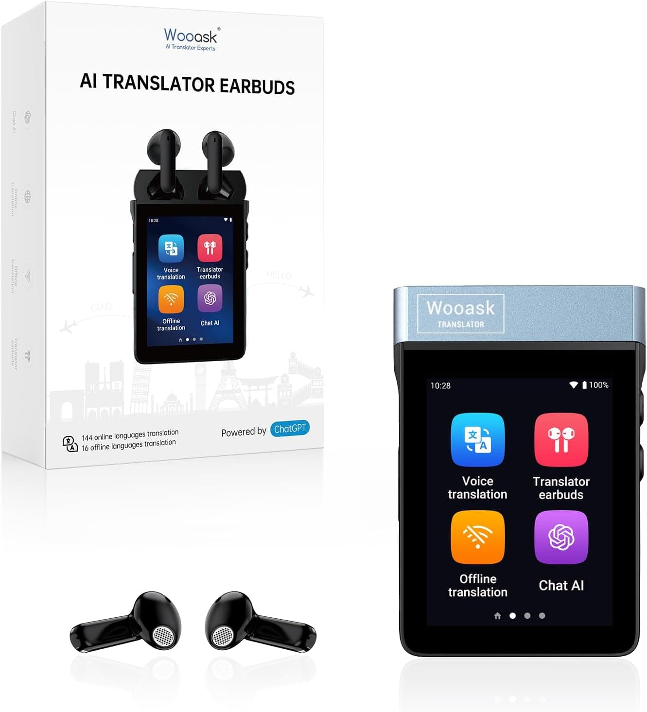 WOOASK A9 AI Translation Earbuds with ChatGPT, VoLTE Calling & Mobile Hotspot - No App Needed, Real-Time Translation for Travel & Business