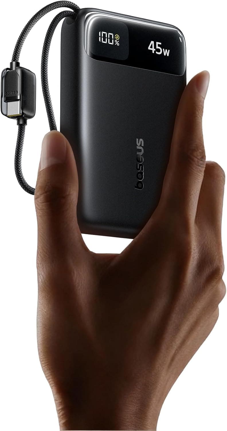 Baseus 20000mAh Compact Portable Charger 45W, CCC Certified Power Bank Built-in USB-C Cables