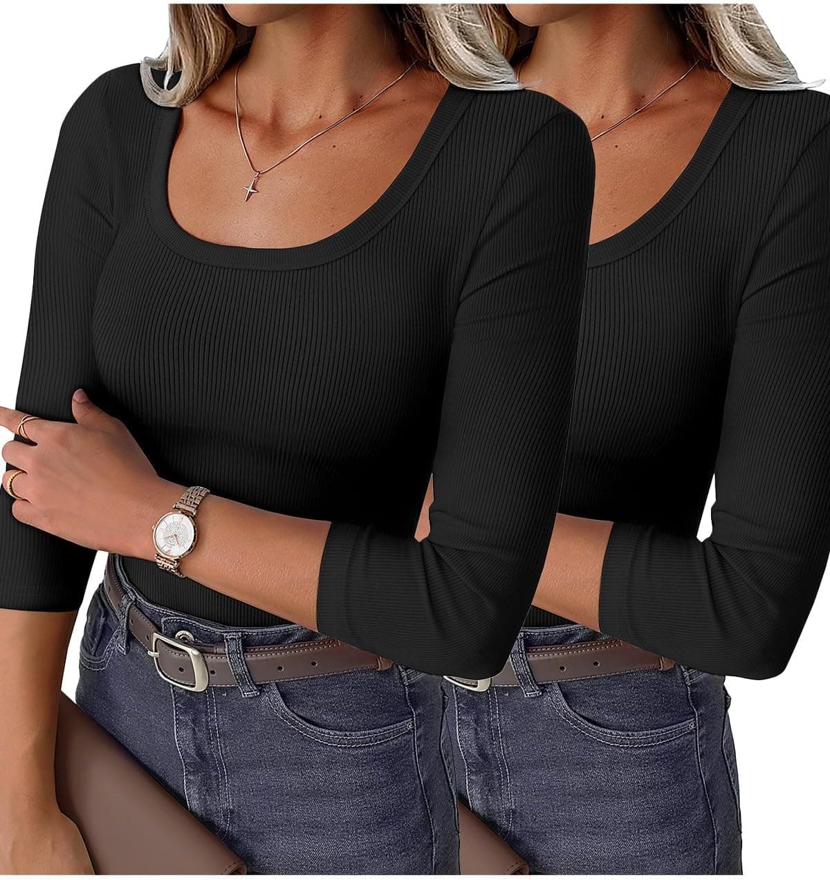 Women's 3/4 Sleeve Ribbed Knit Top – Scoop Neck Slim Fit Casual Basic Tee
