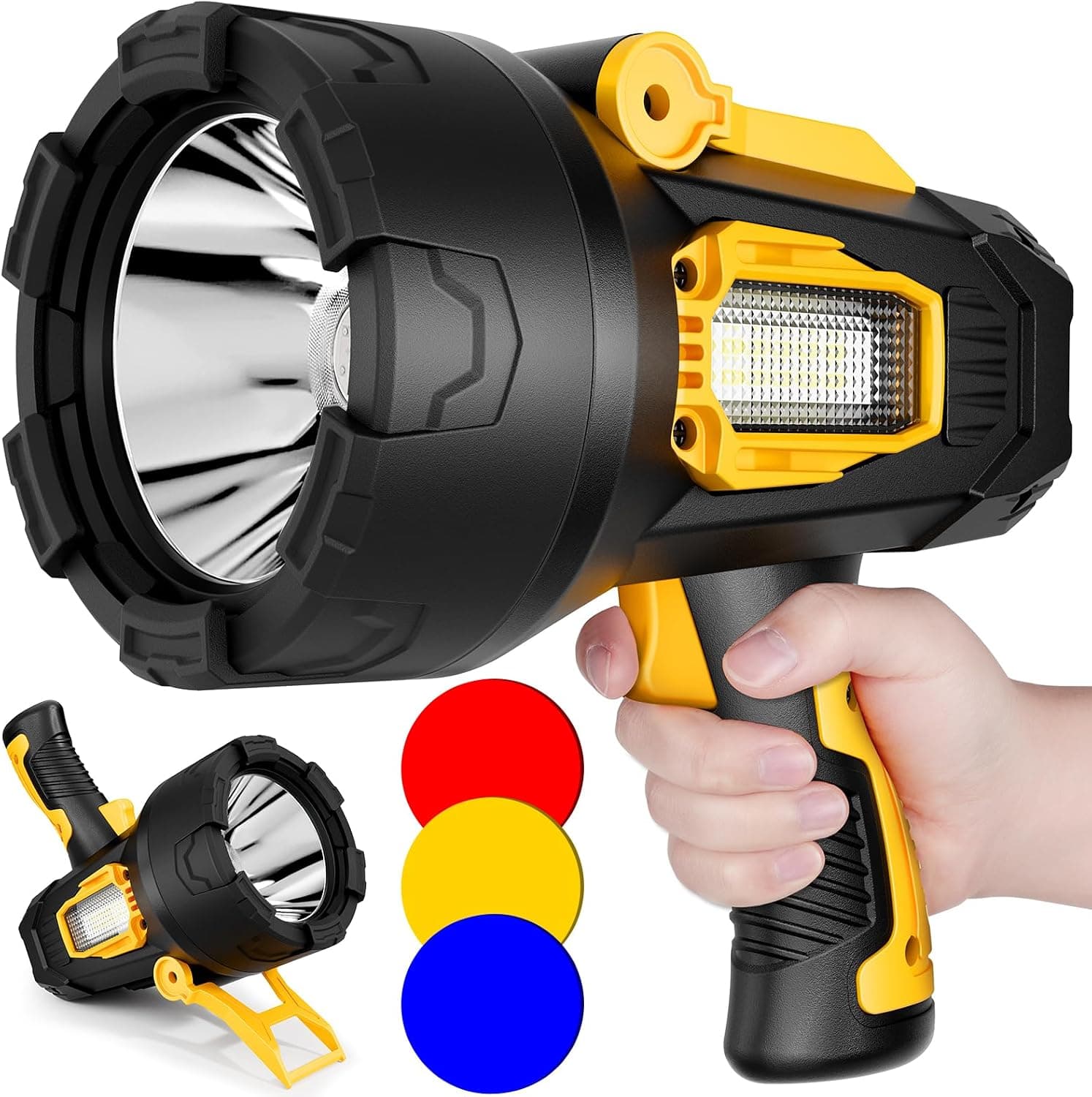 BEFAMALI Rechargeable Spotlight, 2000000 Lumens Super Bright Led Spotlights Flashlight with Cob Light & Foldable Tripod
