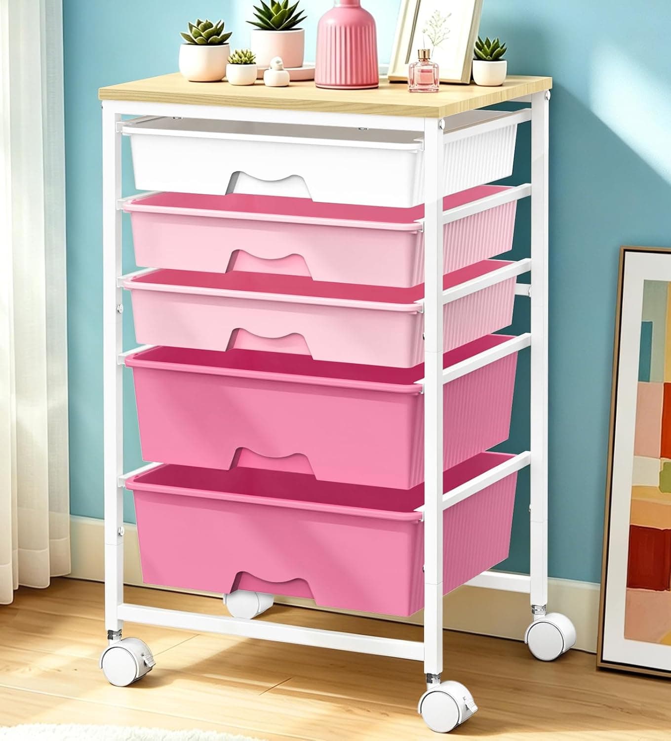 SUNALLY Rolling Storage Utility Cart With 5 Drawers, 5 Tier Rolling Cart with Wooden Tabletop and 2 Lockable Wheels