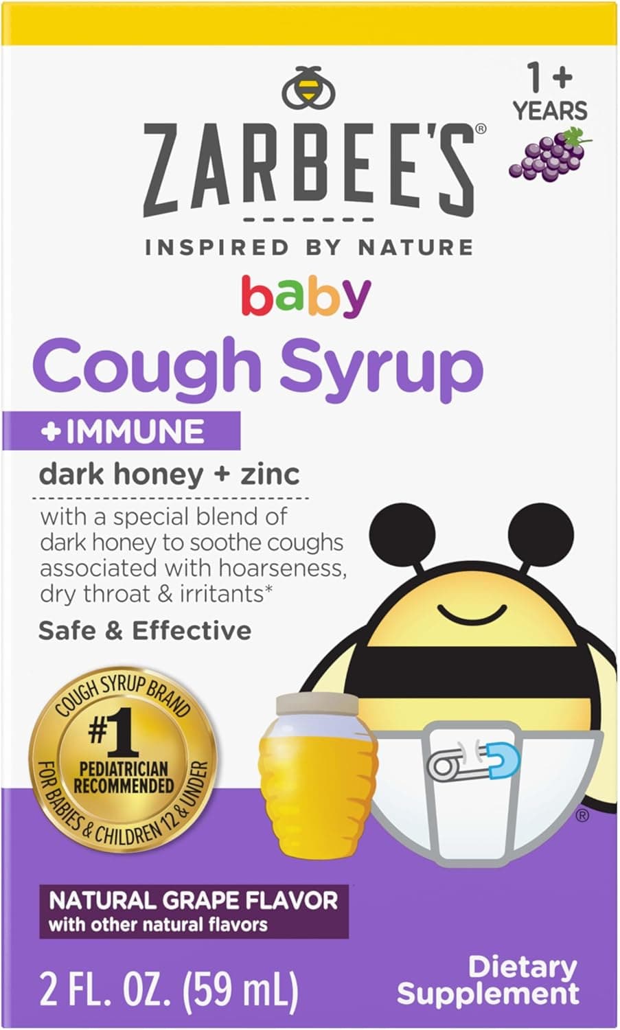 Zarbee's Baby Honey Cough Syrup + Immune for Babies 12-24 Months Drug & Alcohol-Free, Grape