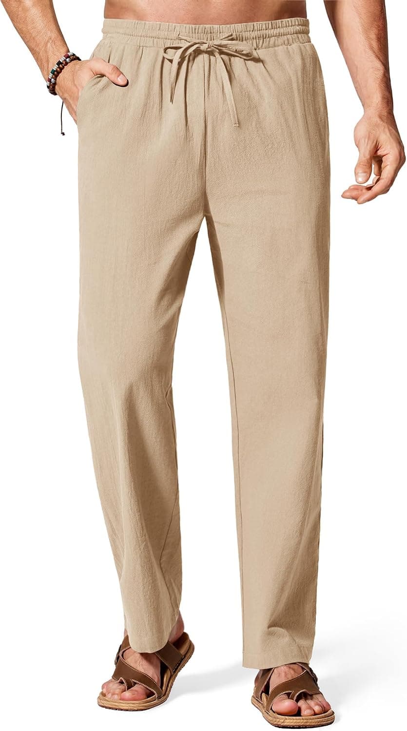 COOFANDY Men Casual Linen Pants Beach Summer Lightweight Pant Elastic Waist Drawstring Loose Trousers Khaki