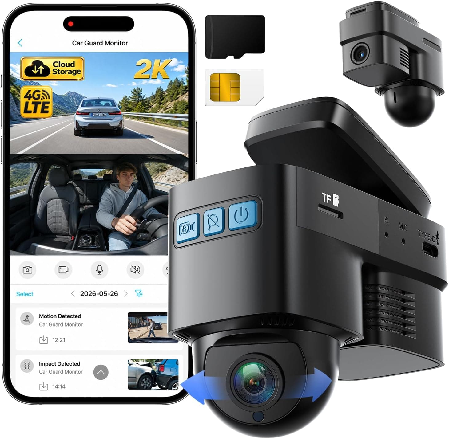 Topexplore 4G LTE 2K+1080P Dash Cam Front and Inside