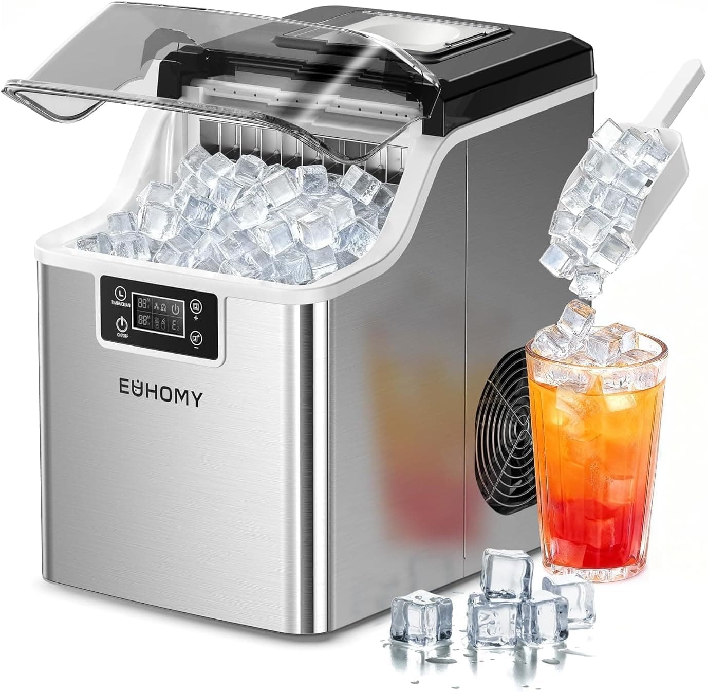 Prime Members: EUHOMY Ice Cube Maker Machine Countertop, 2 Ways to Add Water, 45Lbs/Day 24 Pcs Ready in 13 Mins, Auto