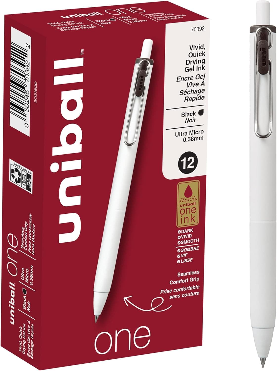 Uniball One Gel Pen 12 Pack; 0.38mm Ultra Micro Black Pens; Gel Ink Pens