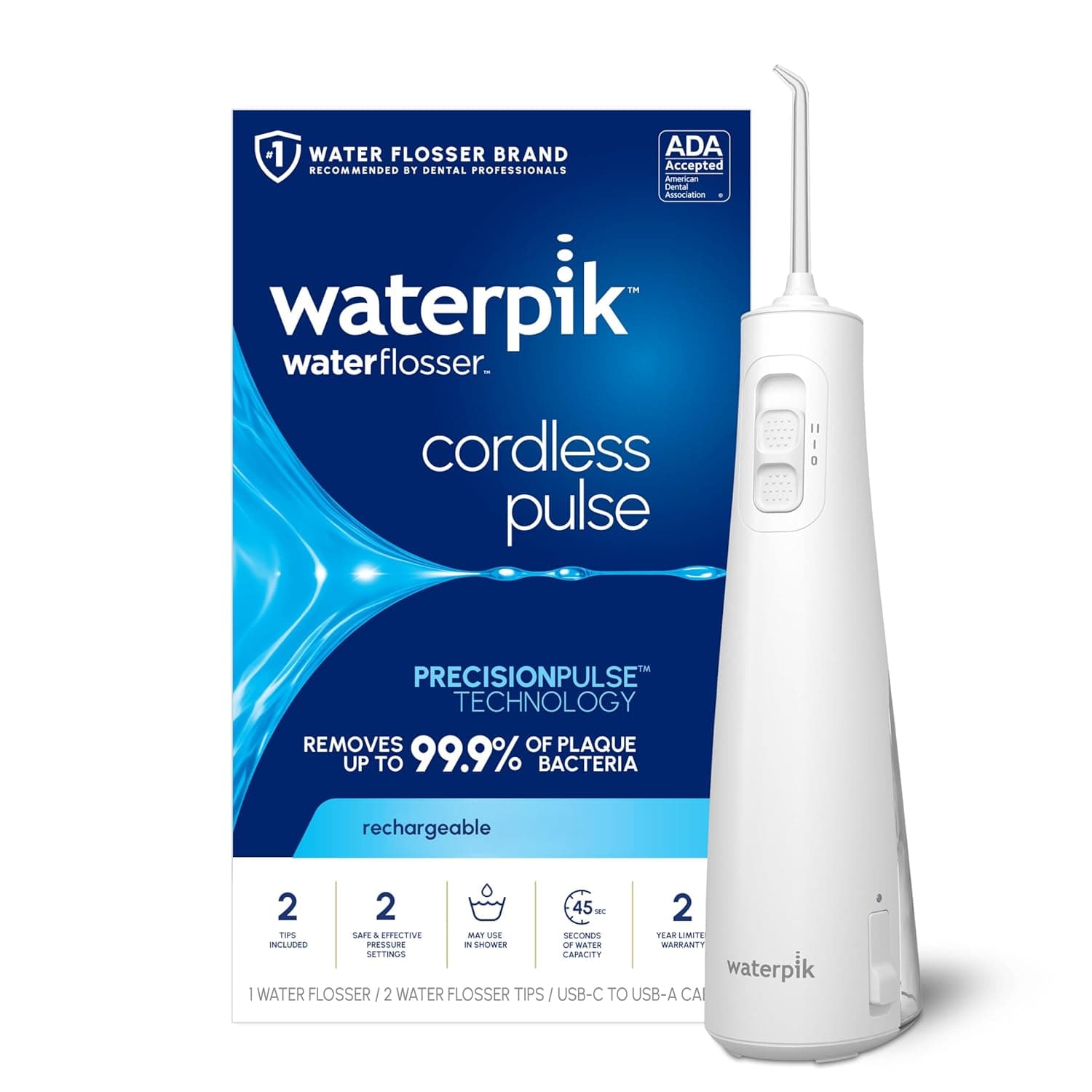 Amazon.com: Waterpik Cordless Pulse Rechargeable Portable Water Flosser for Teeth, Gums, Braces Care and Travel with 2 Flossing Tips, Waterproof, ADA Accepted, WF-20 White, Packaging May Vary : Health & Household