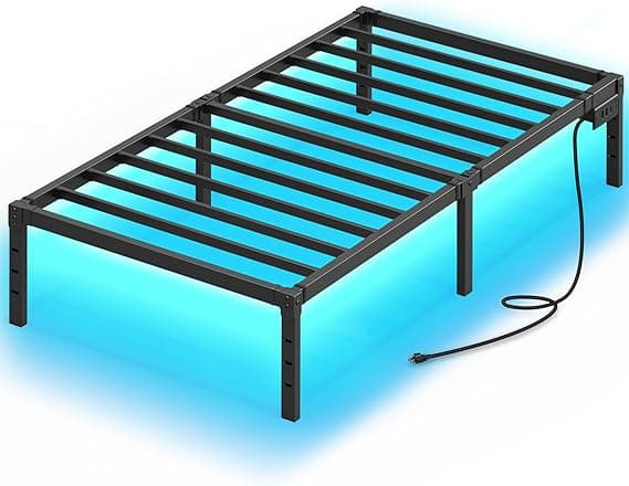 : Rolanstar Twin Bed Frame with USB Charging Station, LED Lights, Steel Slats, 14" Storage Space Beneath