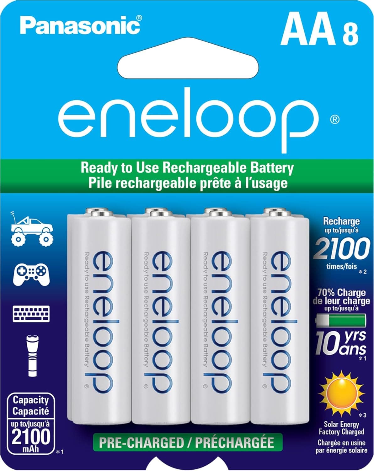Amazon.com: Eneloop Panasonic BK-3MCCA8BA AA 2100 Cycle Ni-MH Pre-Charged Rechargeable Batteries, 8-Battery Pack : PANASONIC: Health & Household