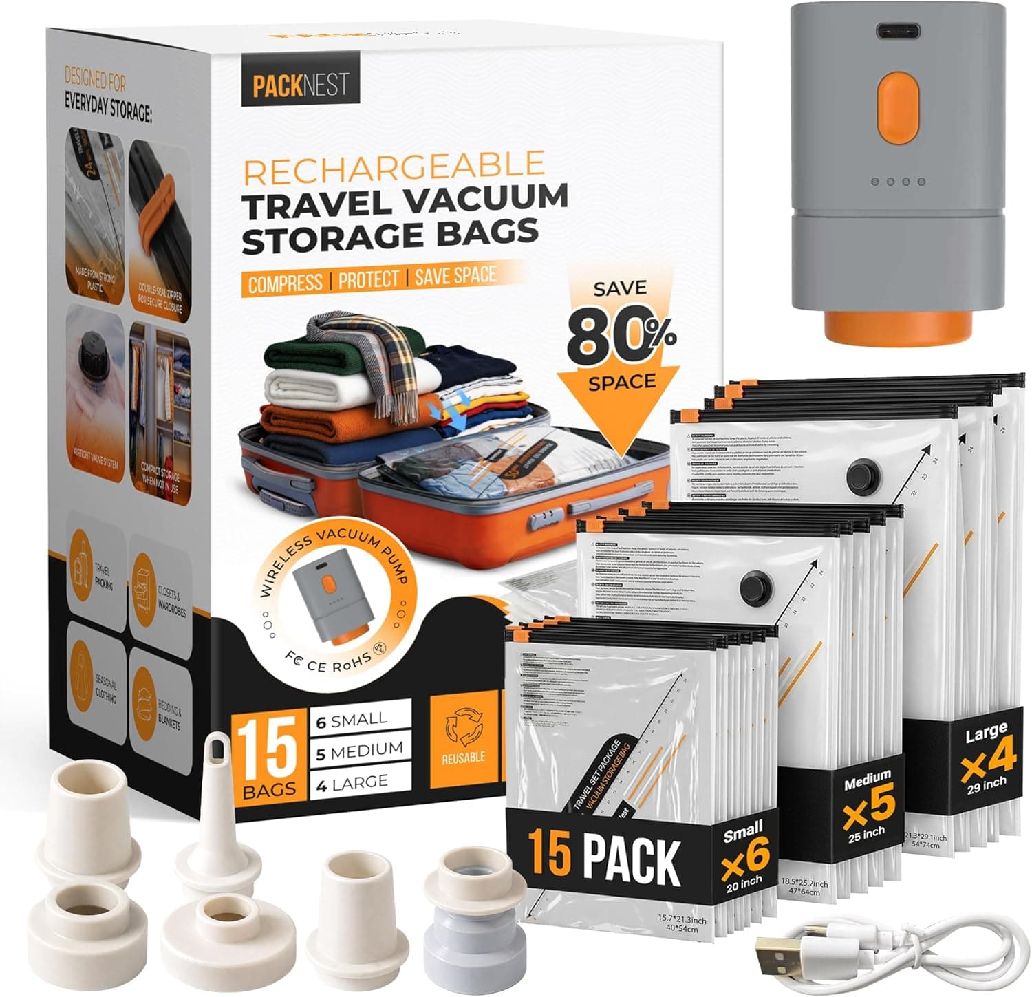 15 Pack Vacuum Storage Bags with Free Rechargeable Portable Electric Pump (5 Large, 5 Medium, 5 Small) - Vacuum Seal Bags for Clothing Travel