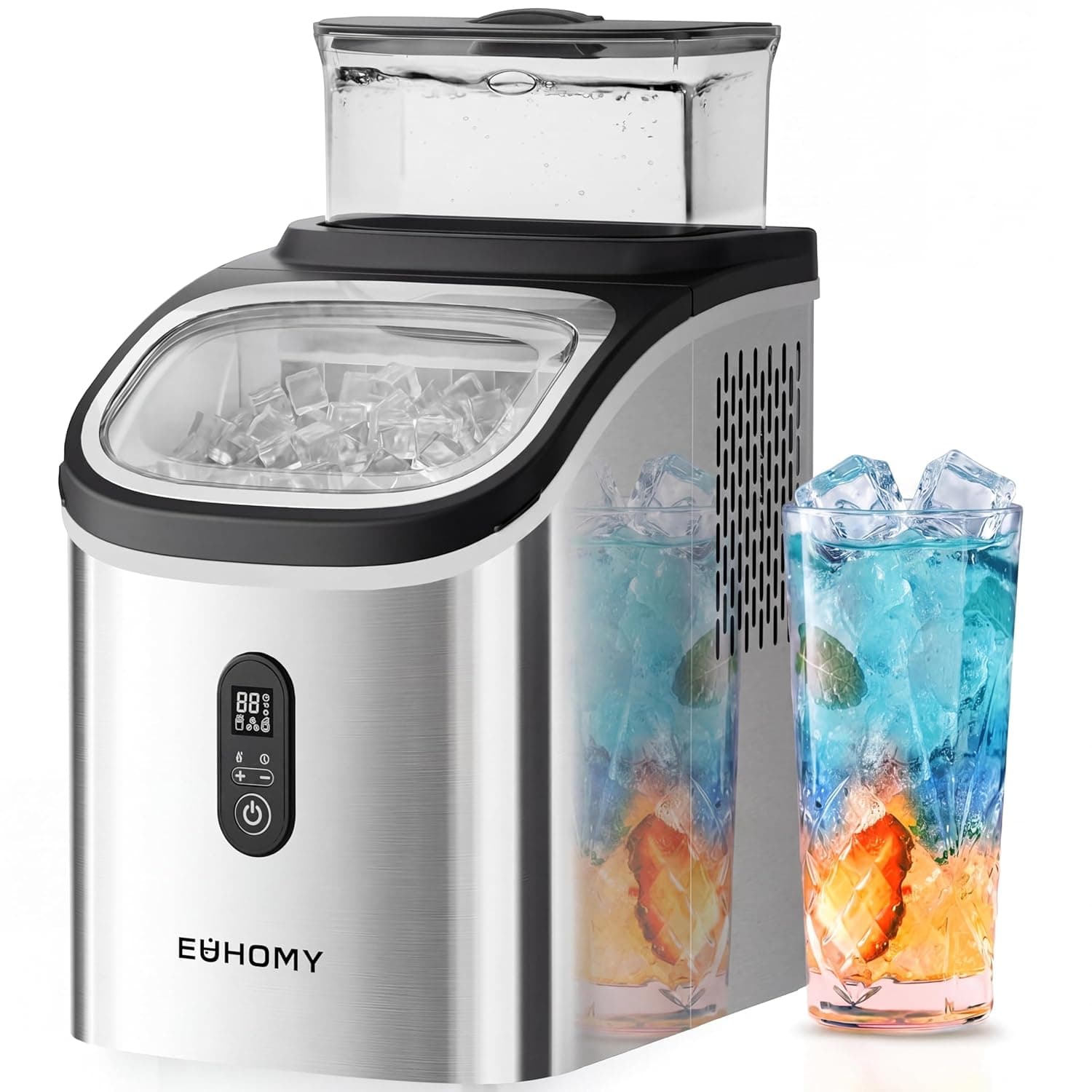 Prime Members: EUHOMY Ice Cube Maker Machine Countertop with External Water Tank, 34Lbs/Day, 16Pcs Ready in 7 Mins, Auto-Cleaning, with Ice Scoop & Basket