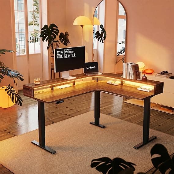 HUANUO 63" x 55" L Shaped Electric Standing Desk with LED Strip & Power Outlets