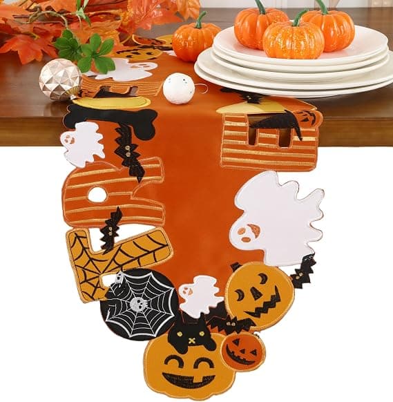 Fall Thanksgiving Holiday Halloween Table Runner 13"x36",Cutwork Applique Embroidered Pumpkins and Bats Dresser Scarf for Autumn Home DiningTabletop Decoration, 17.99