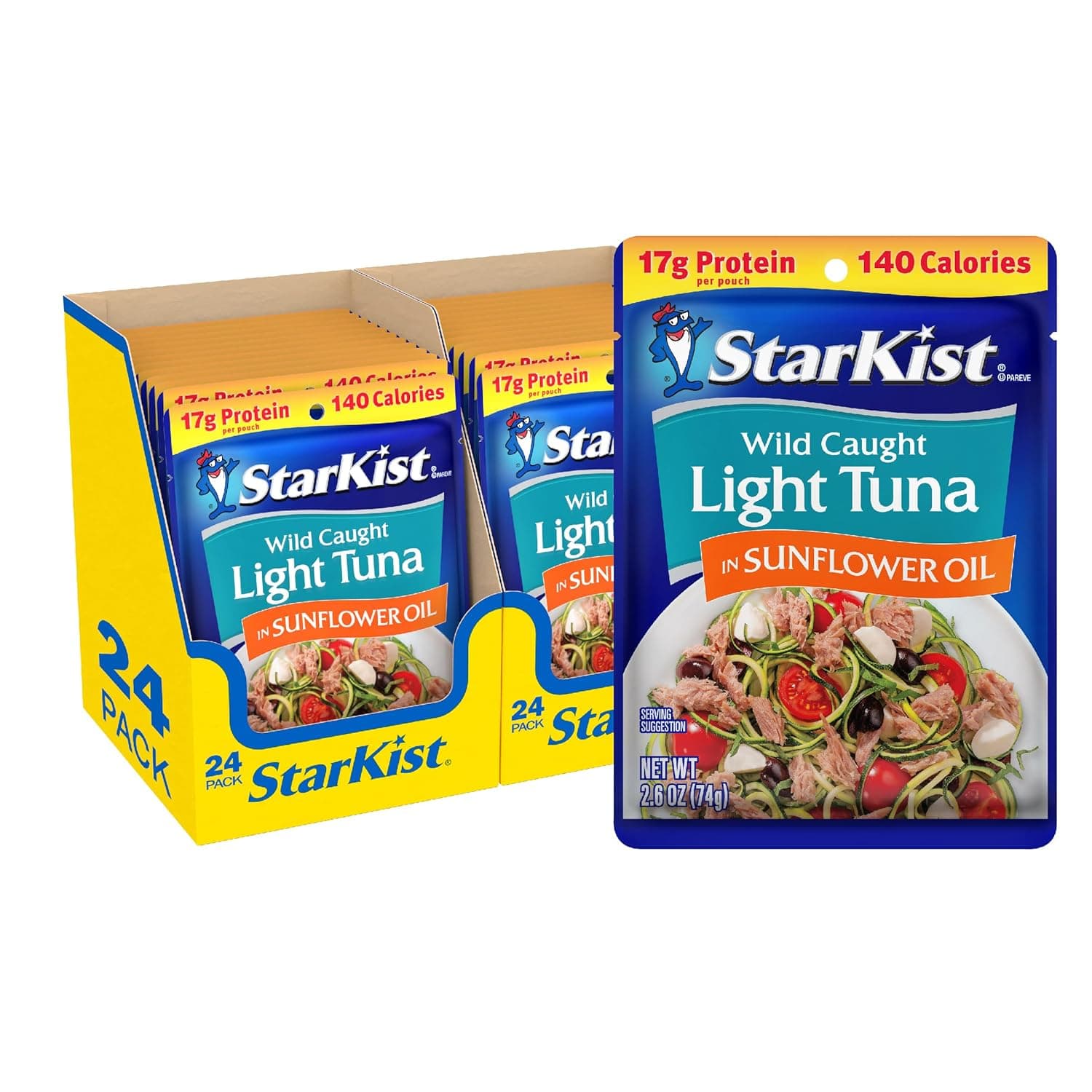 StarKist Chunk Light Tuna in Sunflower Oil, 2.6 oz Pouch (24 Pack) Ready to Eat Wild Caught Tuna, 17g Protein, 140 Calories Per Serving, Gluten Free~ @ Amazon Resale