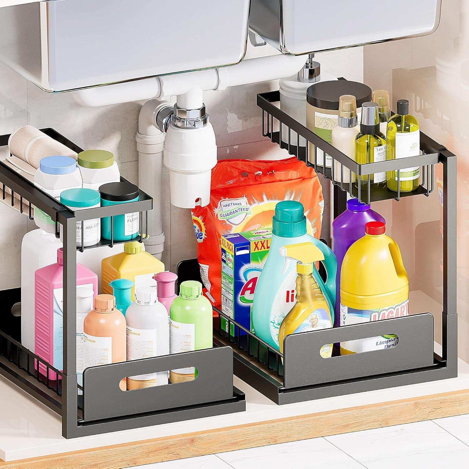 YMMV VUSIGN Under Sink Organizers Storage, 2 Tier Under Cabinet Organizer Shelf, Pull Out Kitchen Bathroom Sink Organizer Storage Organization