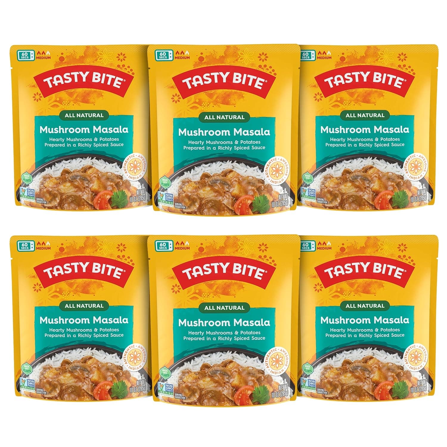 Tasty Bite Mushroom Masala, 10 Ounce, Pack of 6, Ready to Eat, Microwavable Entree, Vegan with Mushrooms & Potatoes~ @ Amazon Resale